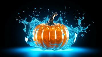 Pumpkin with splash water with a cool blue neon light wave pattern. Generative AI photo