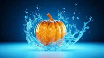 Pumpkin with splash water with a cool blue neon light wave pattern. Generative AI photo