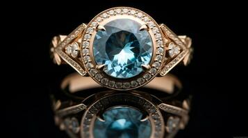 Photograph an elegant ring featuring a radiant Aquamarine on a jewelry box, symbolizing luxury and pricy. Generative AI photo