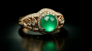 Photograph an elegant ring featuring a radiant Jade on a jewelry box, symbolizing luxury and pricy. Generative AI photo