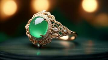 Photograph an elegant ring featuring a radiant Jade on a jewelry box, symbolizing luxury and pricy. Generative AI photo