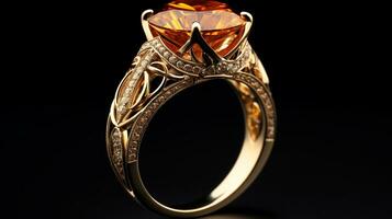 Photograph an elegant ring featuring a radiant Citrine on a jewelry box, symbolizing luxury and pricy. Generative AI photo