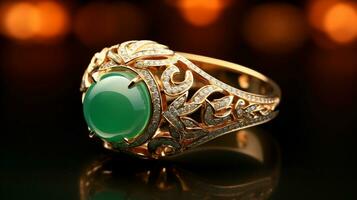 Photograph an elegant ring featuring a radiant Jade on a jewelry box, symbolizing luxury and pricy. Generative AI photo