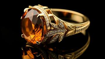 Photograph an elegant ring featuring a radiant Citrine on a jewelry box, symbolizing luxury and pricy. Generative AI photo