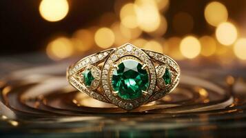 Photograph an elegant ring featuring a radiant Emerald on a jewelry box, symbolizing luxury and pricy. Generative AI photo