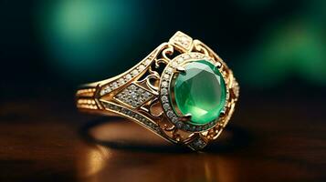 Photograph an elegant ring featuring a radiant Jade on a jewelry box, symbolizing luxury and pricy. Generative AI photo