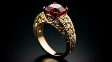 Photograph an elegant ring featuring a radiant Garnet on a jewelry box, symbolizing luxury and pricy. Generative AI photo