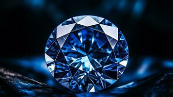 Photograph a mesmerizing close-up of a sparkling Sapphire held against a velvety black background. Generative AI photo