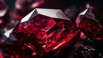 Photograph a mesmerizing close-up of a sparkling Ruby held against a velvety black background. Generative AI photo