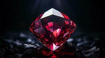 Photograph a mesmerizing close-up of a sparkling Ruby held against a velvety black background. Generative AI photo