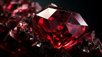 Photograph a mesmerizing close-up of a sparkling Ruby held against a velvety black background. Generative AI photo