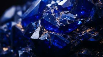 Photograph a mesmerizing close-up of a sparkling Lapis Lazuli held against a velvety black background. Generative AI photo