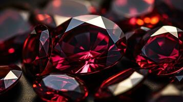 Photograph a mesmerizing close-up of a sparkling Garnet held against a velvety black background. Generative AI photo