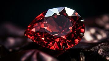 Photograph a mesmerizing close-up of a sparkling Garnet held against a velvety black background. Generative AI photo