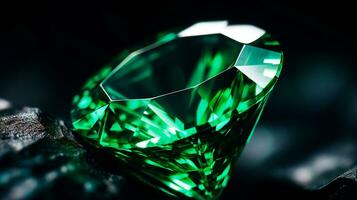 Photograph a mesmerizing close-up of a sparkling Emerald held against a velvety black background. Generative AI photo