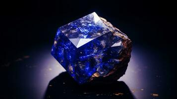 Photograph a mesmerizing close-up of a sparkling Lapis Lazuli held against a velvety black background. Generative AI photo