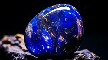 Photograph a mesmerizing close-up of a sparkling Lapis Lazuli held against a velvety black background. Generative AI photo