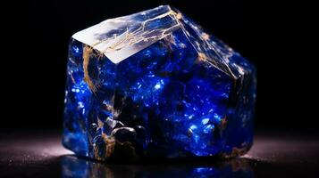 Photograph a mesmerizing close-up of a sparkling Lapis Lazuli held against a velvety black background. Generative AI photo