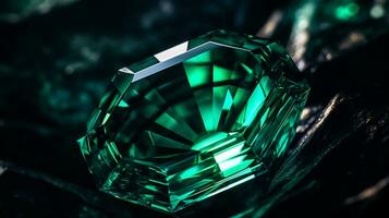 Photograph a mesmerizing close-up of a sparkling Emerald held against a velvety black background. Generative AI photo