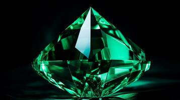 Photograph a mesmerizing close-up of a sparkling Emerald held against a velvety black background. Generative AI photo