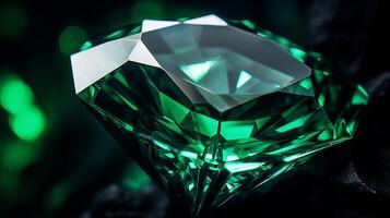 Photograph a mesmerizing close-up of a sparkling Emerald held against a velvety black background. Generative AI photo