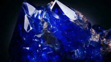 Photograph a mesmerizing close-up of a sparkling Lapis Lazuli held against a velvety black background. Generative AI photo