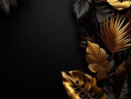 Black and golden Tropical floral background copy space. Space for text photo