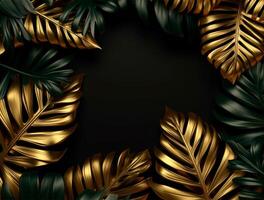 Black and golden Tropical floral background copy space. Space for text photo