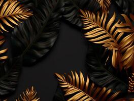 Black and golden Tropical floral background copy space. Space for text photo