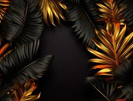 Black and golden Tropical floral background copy space. Space for text photo