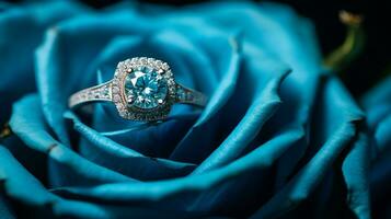 Photograph an elegant engagement ring featuring a radiant Turquoise nestled within a bed of roses. Generative AI photo