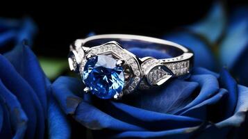 Photograph an elegant engagement ring featuring a radiant Sapphire nestled within a bed of roses. Generative AI photo