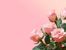 Beautiful rose flowers on flat background, top view. Space for text photo