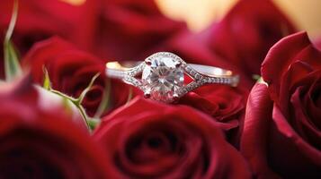 Photograph an elegant engagement ring featuring a radiant Diamond nestled within a bed of roses. Generative AI photo