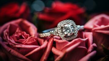 Photograph an elegant engagement ring featuring a radiant Diamond nestled within a bed of roses. Generative AI photo