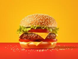 Front view tasty meat burger with cheese and salad on dark background photo
