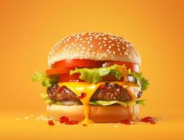 Front view tasty meat burger with cheese and salad on dark background photo