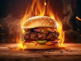 Front view tasty meat burger with cheese and salad on dark background photo