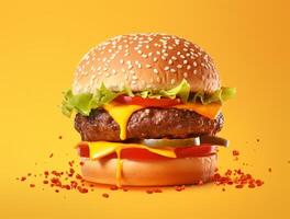 Front view tasty meat burger with cheese and salad on dark background photo