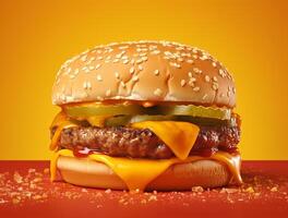 Front view tasty meat burger with cheese and salad on dark background photo