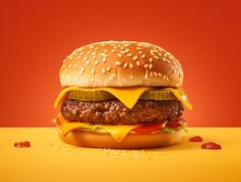 Front view tasty meat burger with cheese and salad on dark background photo