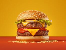 Front view tasty meat burger with cheese and salad on dark background photo