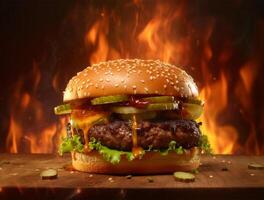 Front view tasty meat burger with cheese and salad on dark background photo