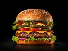 Front view tasty meat burger with cheese and salad on dark background photo