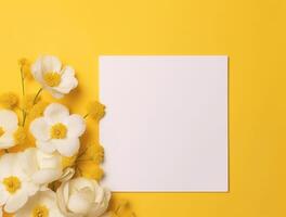 Blank paper with tropical leaves and flowers. Flat lay, top view, copy space photo