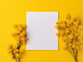 Blank paper with tropical leaves and flowers. Flat lay, top view, copy space photo