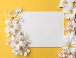 Blank paper with tropical leaves and flowers. Flat lay, top view, copy space photo