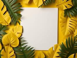 Blank paper with tropical leaves and flowers. Flat lay, top view, copy space photo