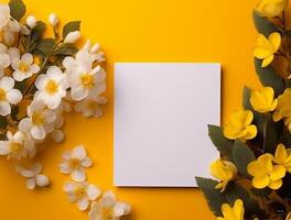 Blank paper with tropical leaves and flowers. Flat lay, top view, copy space photo