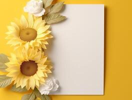 Blank paper with tropical leaves and flowers. Flat lay, top view, copy space photo